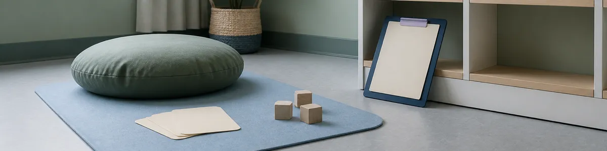 Child play-therapy nook with a sage floor cushion on a pale-blue mat, blank emotion cards, wooden cubes, and a navy clipboard leaning on empty cubbies, no people or text