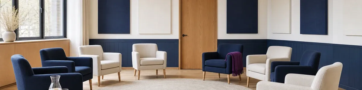Empty recovery group room with a circle of navy and cream chairs, a purple throw, and a closed privacy door