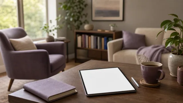 Calm therapy office with a blank tablet, lilac notebook, and mauve mug on a wood table, lavender armchair and beige sofa by a bright window