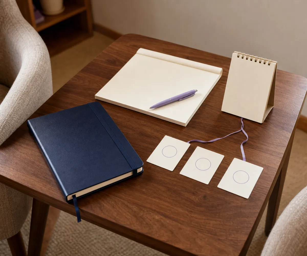 A navy clinician notebook, blank planning pad, lavender pen, and three connected session cards on a therapy-office side table