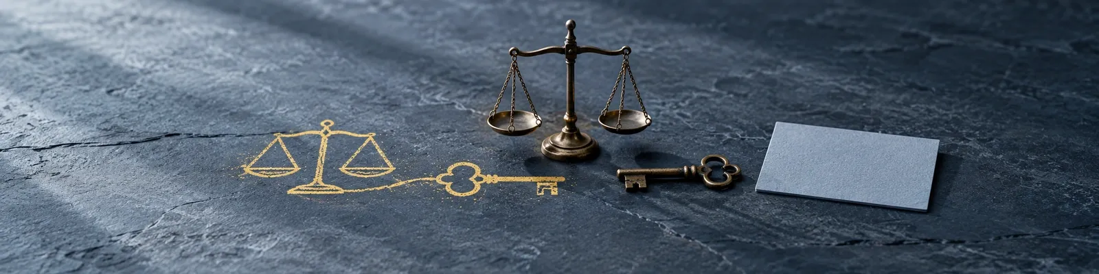 A balanced brass scale, old key, and blank blue-gray card on a cool slate desk beside one connected marigold chalk balance-and-key drawing
