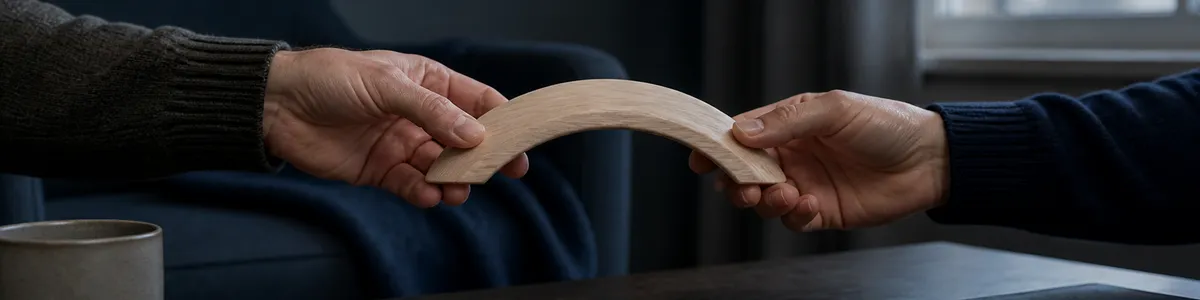 Two adult hands exchange a single wooden arch across a dark coffee table in a cool therapy sitting area