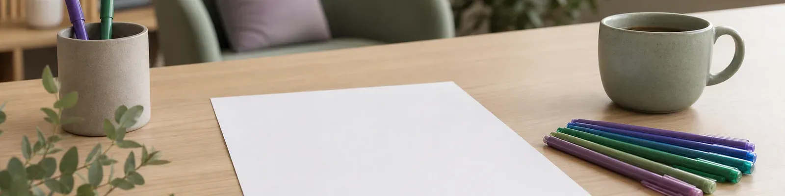 A tidy desk with a blank sheet of paper, colored pens fanned out, and a coffee cup