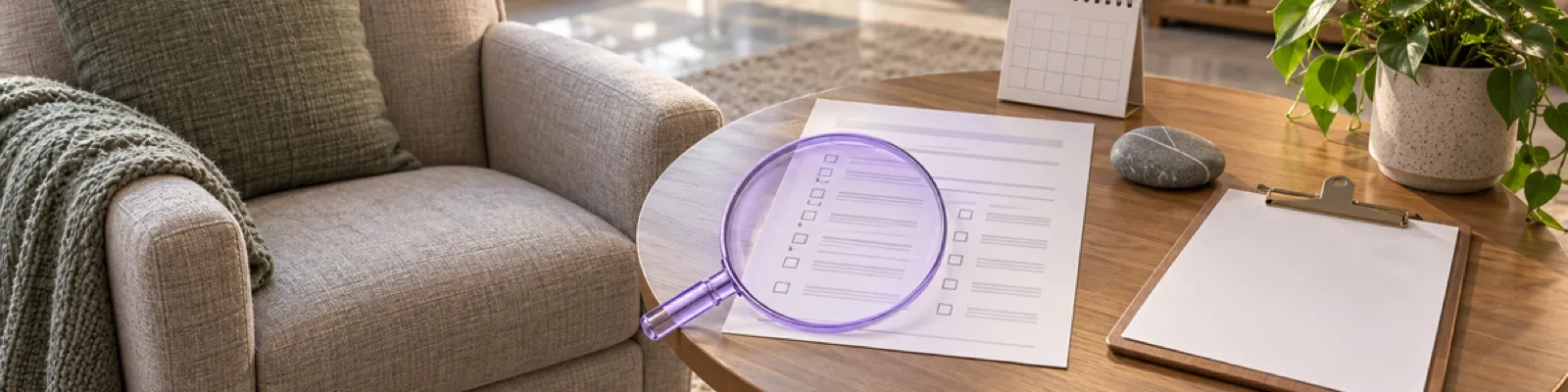 A blank adult trauma screening form, clipboard, and reading glasses in a calm clinic room, highlighted by a violet lens