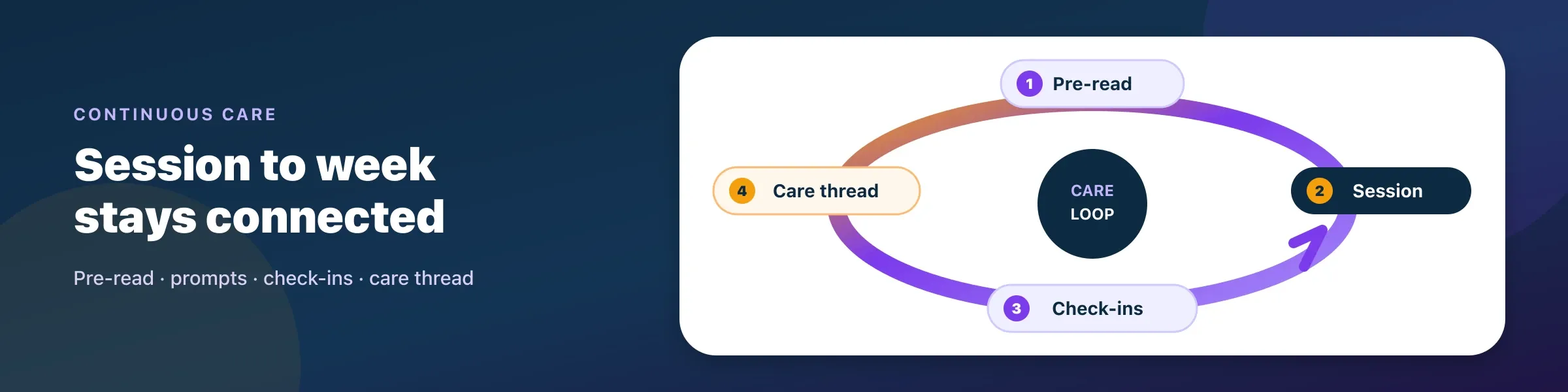 Conceptual navy continuity-loop diagram: Pre-read, Session, Check-ins, and Care thread nodes around a central Care Loop hub