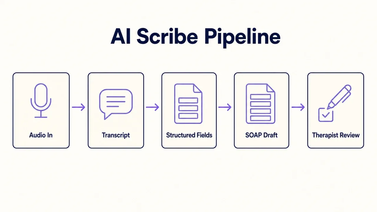 Diagram of an AI scribe pipeline for therapy documentation showing the five-step flow: audio in, transcript, structured fields, SOAP draft, and therapist review