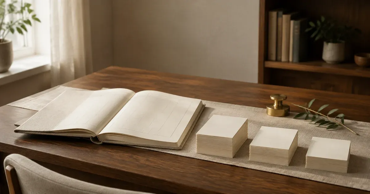 Walnut therapy desk with an open cloth ledger, three stacks of blank ivory index cards at different heights, a brass paperweight, and an olive sprig