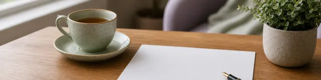 A calm therapy-office desk with a blank worksheet, a pen, a cup of tea and a potted plant in soft morning light