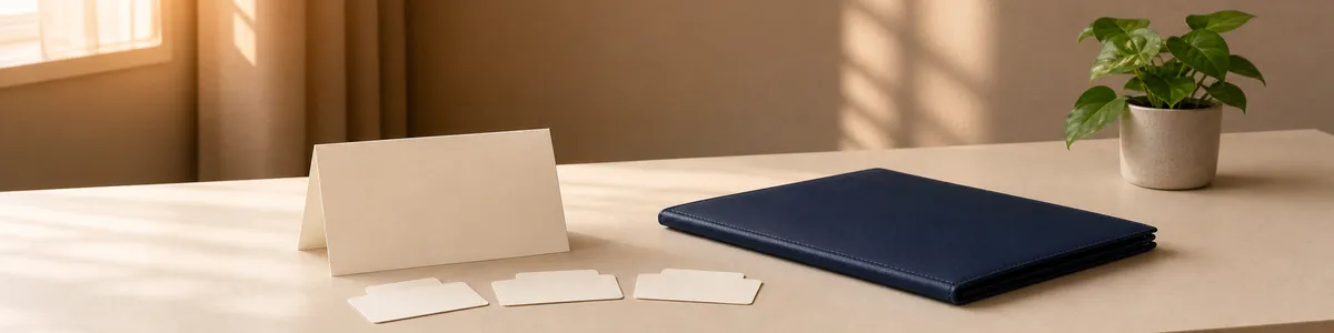 Blank treatment-plan card and index tabs beside a closed navy folder on a warm therapy-office desk
