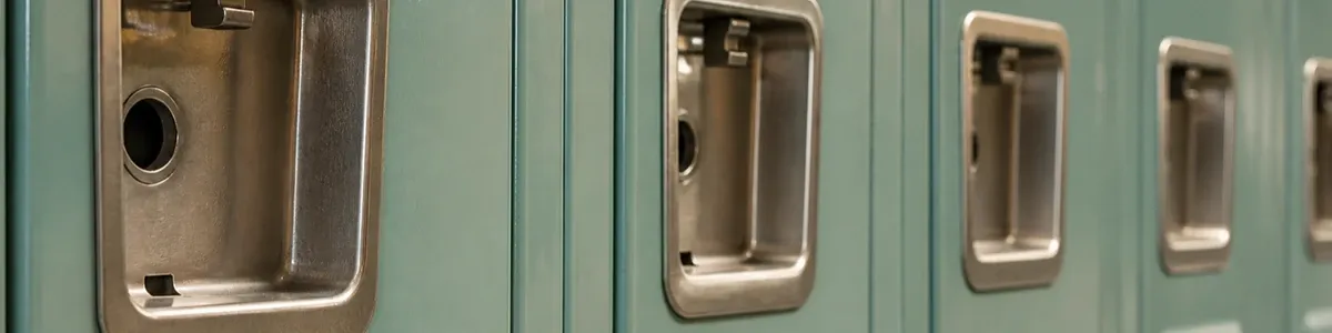 Close-macro of unused sage-teal school locker doors with a receding row of empty recessed metal handles in soft indoor light