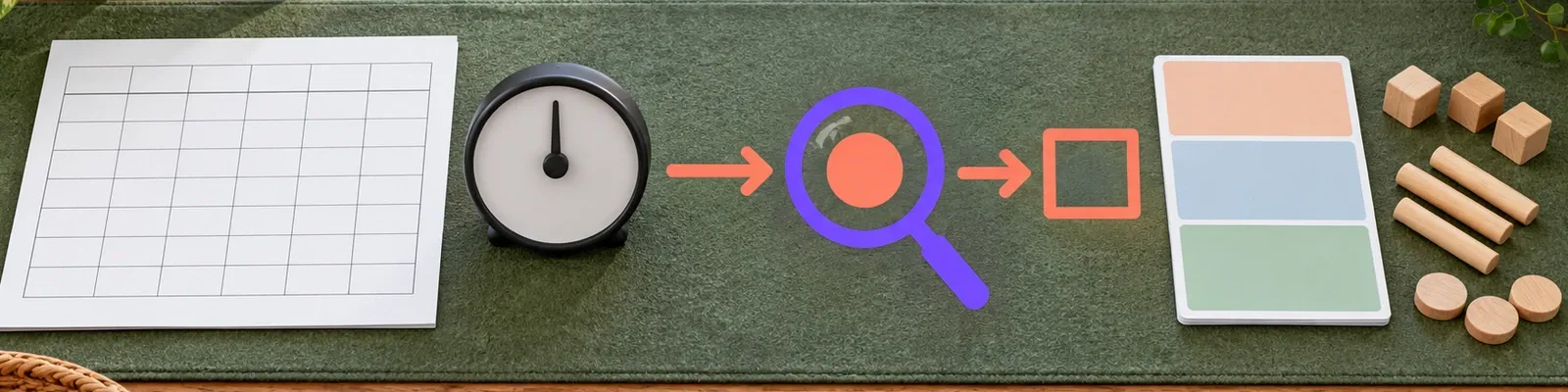 An observation chart and timer on a behavioral-assessment workbench with a coral antecedent-to-behavior-to-consequence sequence