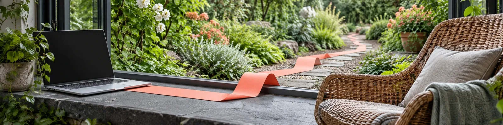 An unbranded laptop and woven chair beside a garden window, connected to the garden by a coral cut-paper path.
