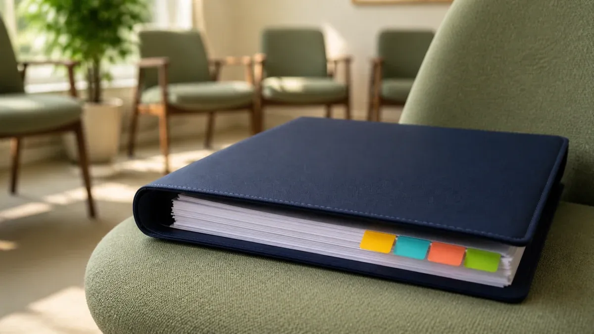 Navy clinician binder with four colored tabs on a sage therapy chair, with an empty group room blurred behind it.