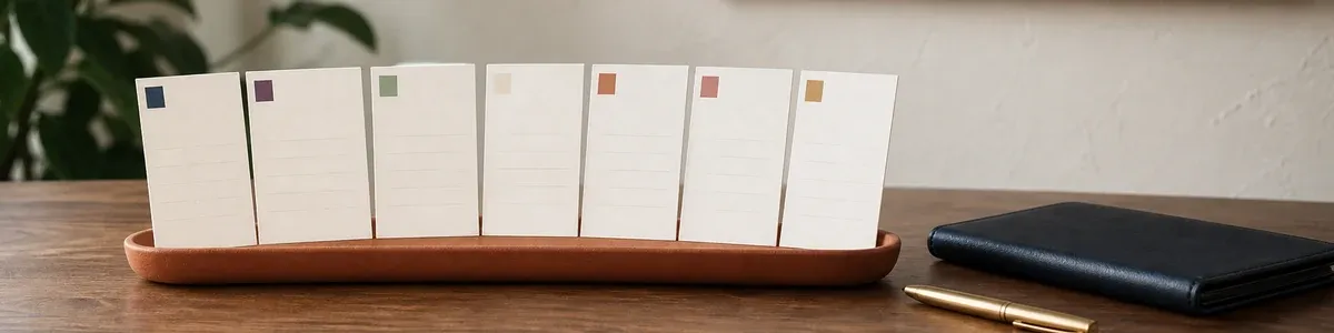 Seven blank ivory scorecards with colored corner chips in a terracotta tray on a walnut therapy desk beside a navy folio and brass pen
