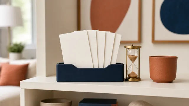 Blank therapy note cards in a navy organizer on a cream shelf with a brass hourglass and terracotta cup.