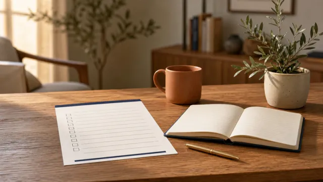 Therapy office desk with a blank treatment-plan scorecard, open notebook, brass pen, terracotta mug, and potted olive branch.