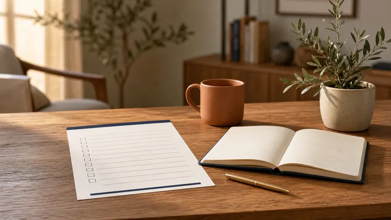 Therapy office desk with a blank treatment-plan scorecard, open notebook, brass pen, terracotta mug, and potted olive branch.