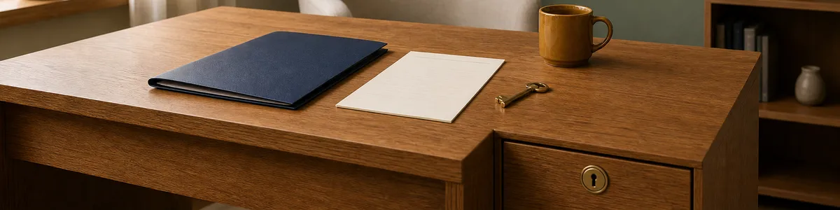 Warm oak desk in a solo therapy office with a closed navy client chart, blank appointment sheet, brass key, and lockable drawer