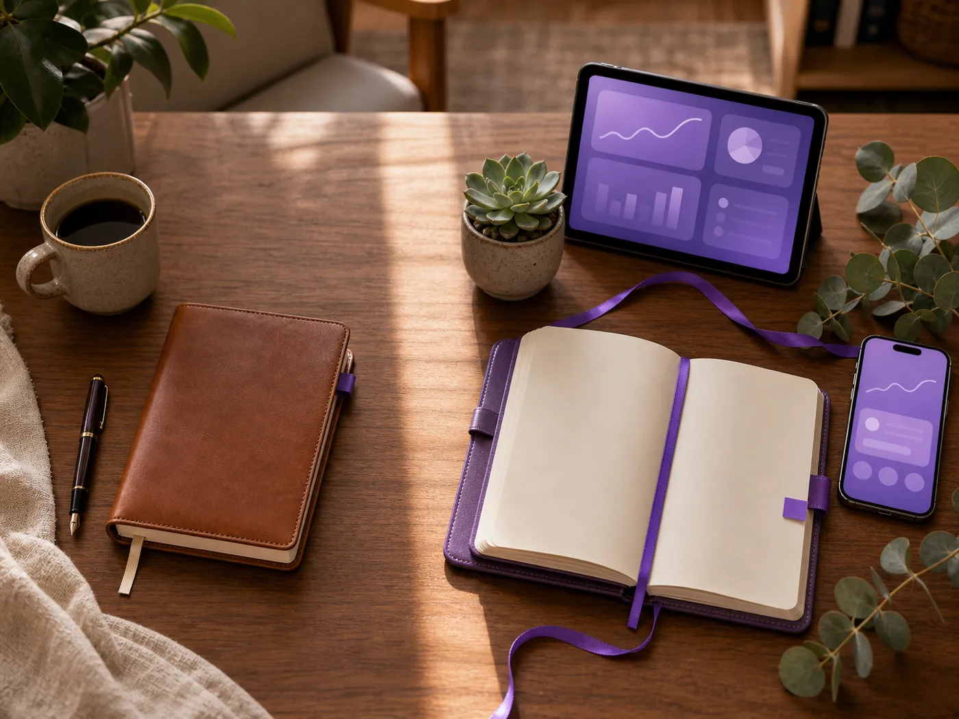 A wooden desk split into two vignettes by soft natural light: left side is minimal (brown notebook, fountain pen, mug); right side is richer (brand-purple journal, smartphone with purple gradient, tablet, succulent), representing two practice profiles and their tool fit