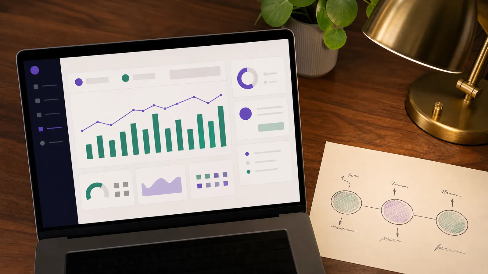 Flat editorial illustration split in two halves: left side a stylized measurement-based-care chart with bar columns and a rising trend line in emerald and brass; right side a circular workflow diagram with three connected nodes around a treatment-plan card showing data flow in cream and brand-purple — the two practice fits side by side