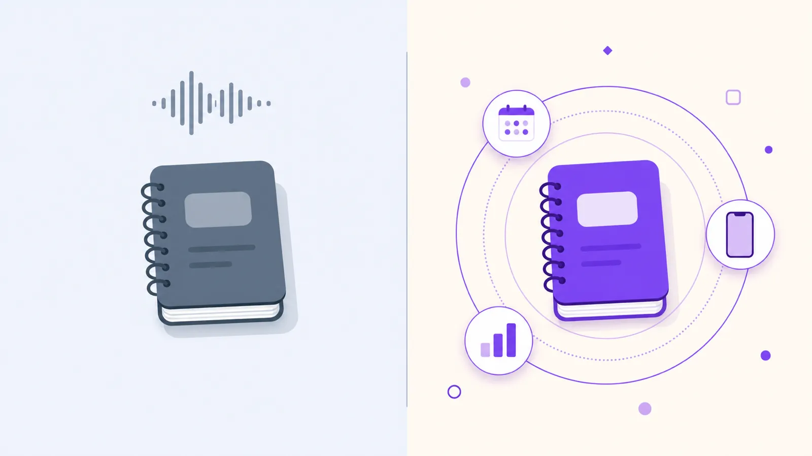 Flat editorial illustration of two practice profiles side by side: left half a simple notebook with one audio waveform (scribe-only fit, cool slate-blue); right half a notebook with three concentric rings representing pre/in/between session work plus a phone and chart icon (co-therapy fit, warm cream with brand-purple accent)