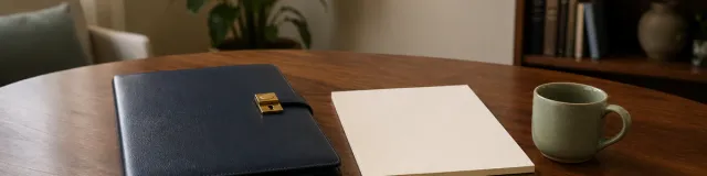 Closed navy client folder with a small brass lock beside a blank note pad on a warm therapy-office desk