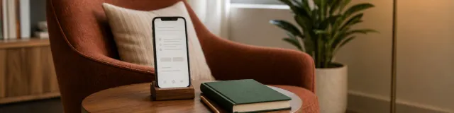Rust-colored therapy chair behind a walnut table with a journaling app on an upright phone and a forest-green journal