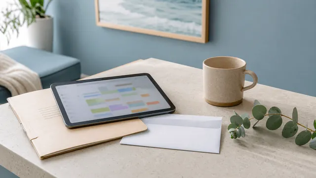 Calm Australian therapy room side table with a tablet, blank paperwork, mug, eucalyptus, and soft natural light
