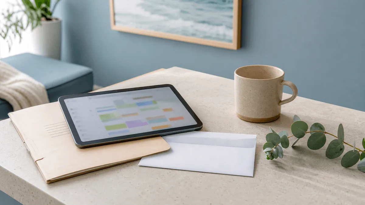 Calm Australian therapy room side table with a tablet, blank paperwork, mug, eucalyptus, and soft natural light