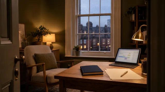 Rain-lit UK therapy consulting room with an oak desk, appointment diary, paperwork, brass pen, and blurred scheduling screen