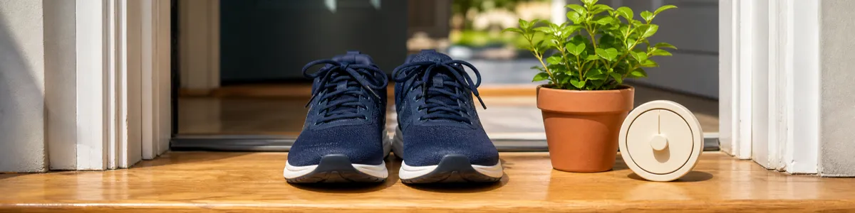 Navy walking shoes beside a green plant and cream timer on a sunlit entry step, suggesting one manageable between-session activity