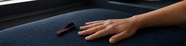 A relaxed hand rests on a deep navy textured cushion beside a plum tactile loop, representing pause and choice in trauma-aware between-session practice