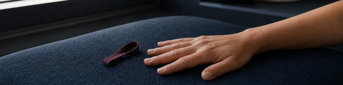 A relaxed hand rests on a deep navy textured cushion beside a plum tactile loop, representing pause and choice in trauma-aware between-session practice