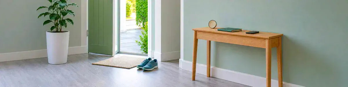 Cool daylight entryway with walking shoes beside a pale-oak table holding a closed notebook, analog timer, and face-down phone.