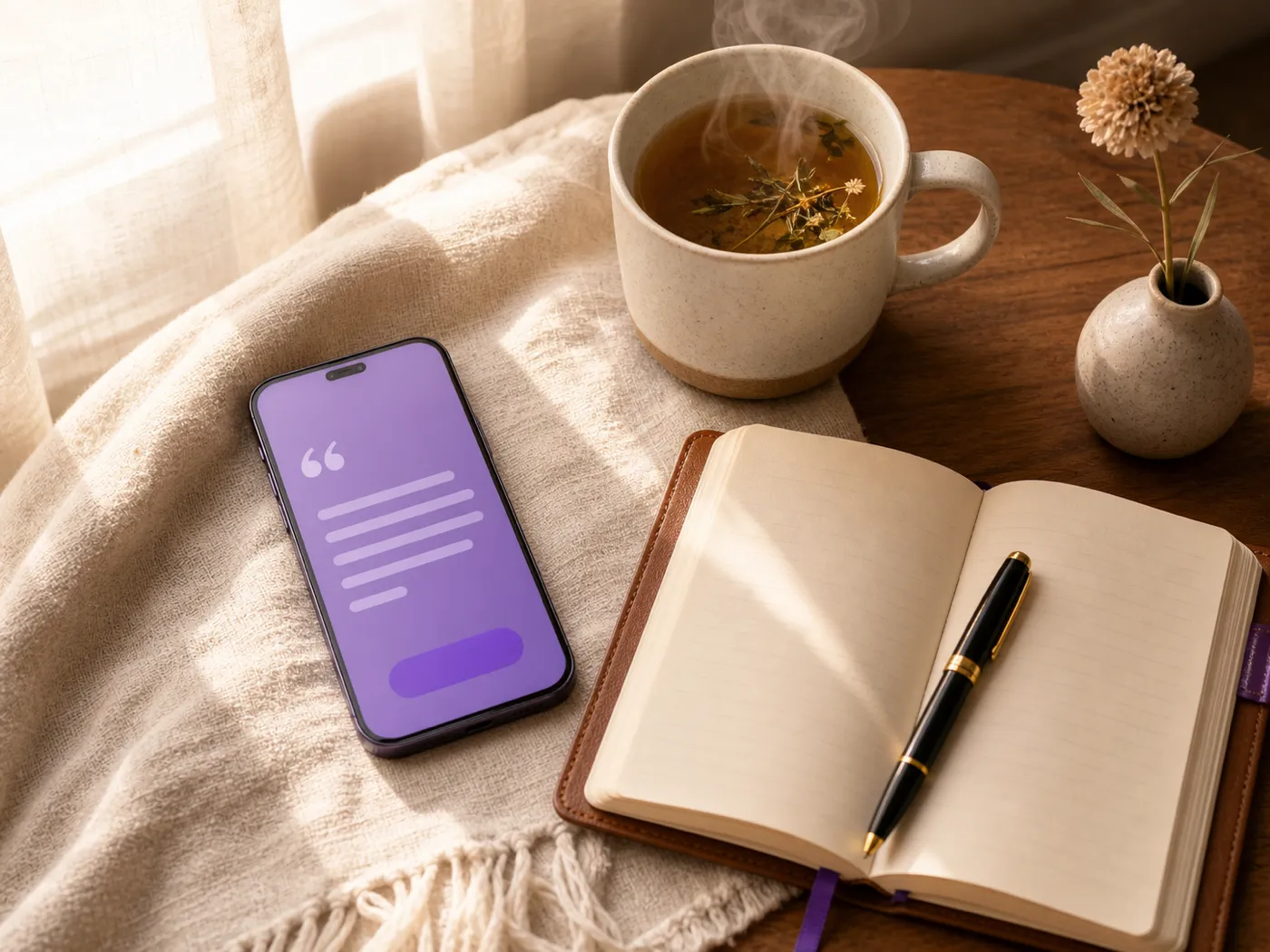 A sunlit domestic scene with a smartphone showing a soft purple gradient journaling prompt, a steaming mug of herbal tea, an open paper journal with a pen, and a dried flower, representing a quiet between-session client journaling moment