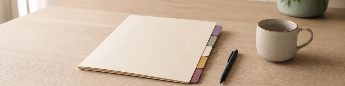 Cream intake folder with colored section tabs, pen, mug, and plant on a calm therapy-office desk