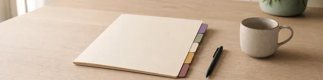 Cream intake folder with colored section tabs, pen, mug, and plant on a calm therapy-office desk