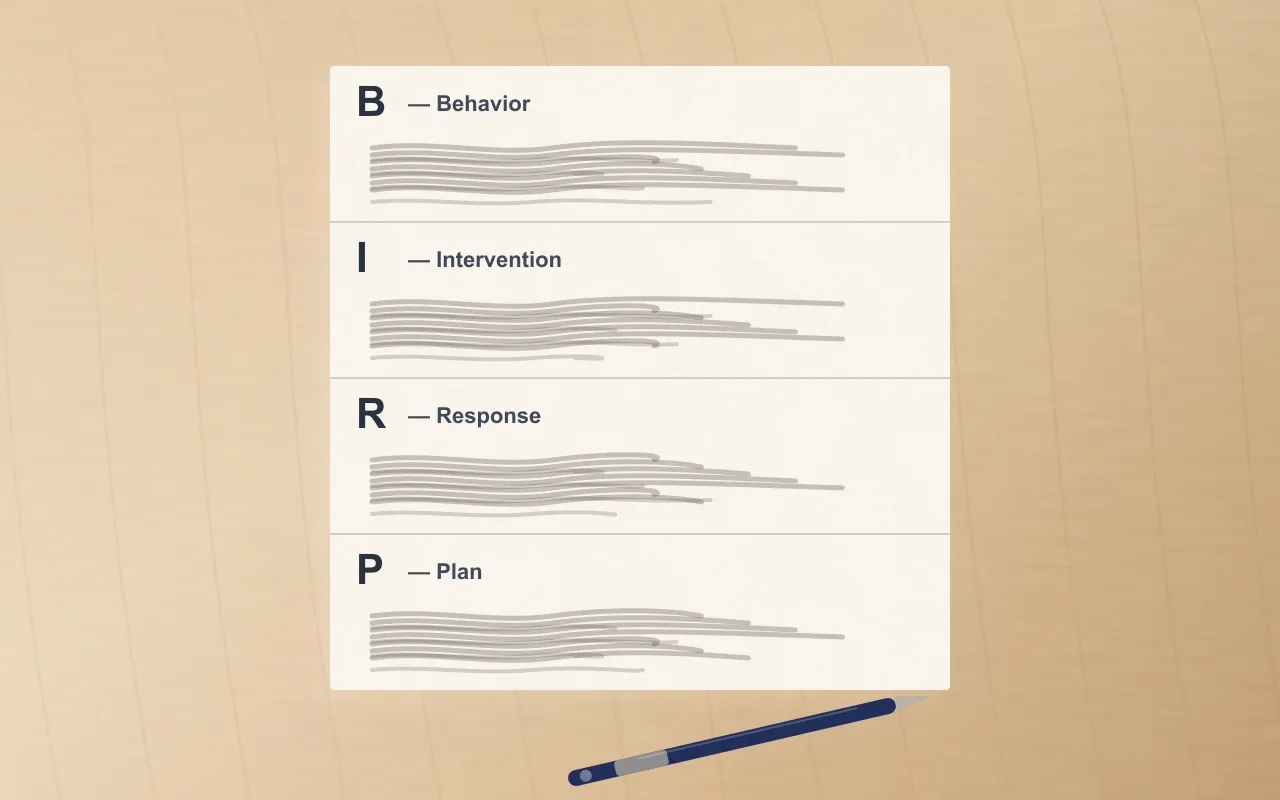 A BIRP-format clinical progress note divided into four labelled sections: Behavior, Intervention, Response, Plan. Each section shows representative ruled-line content and is separated by a thin horizontal rule.