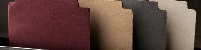 Four blank burgundy, oat, charcoal, and cream tabbed dividers receding through a narrow dark file tray under precise side lighting