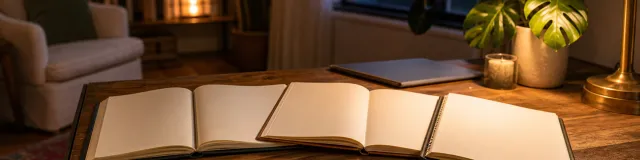 Three blank open notebooks fanned on a warm wood desk under a brass lamp in a dusk therapy office