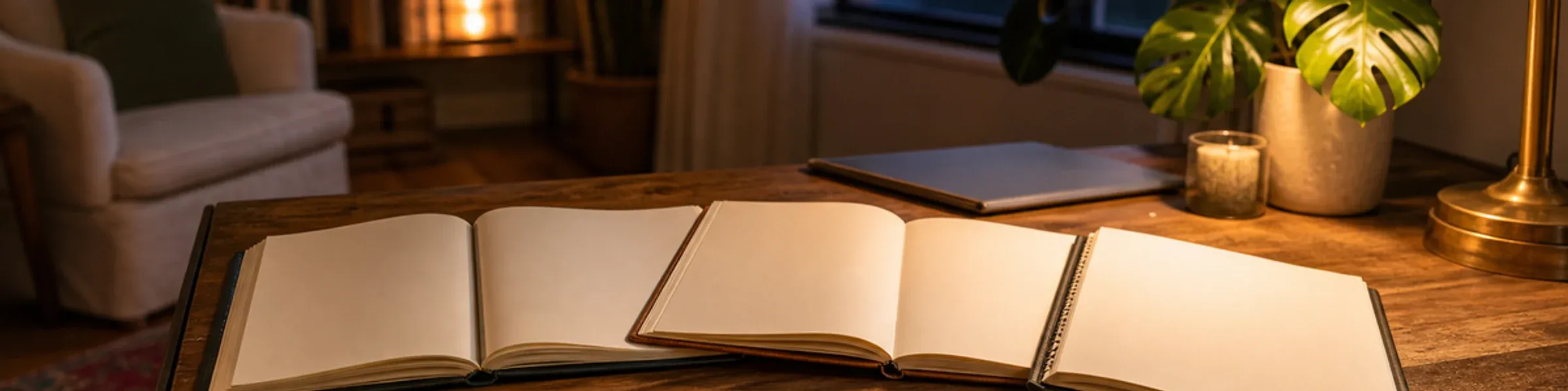 Three blank open notebooks fanned on a warm wood desk under a brass lamp in a dusk therapy office
