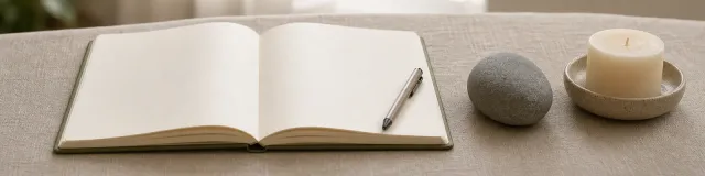 An open notebook and pen beside a smooth stone and a candle on a linen surface, a calm reflective setting