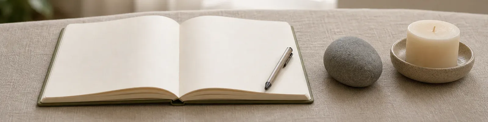 An open notebook and pen beside a smooth stone and a candle on a linen surface, a calm reflective setting