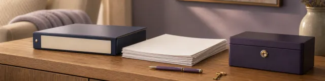 Navy compliance binder, blank contract pages, purple pen, brass key, and locked document box in a calm therapy office
