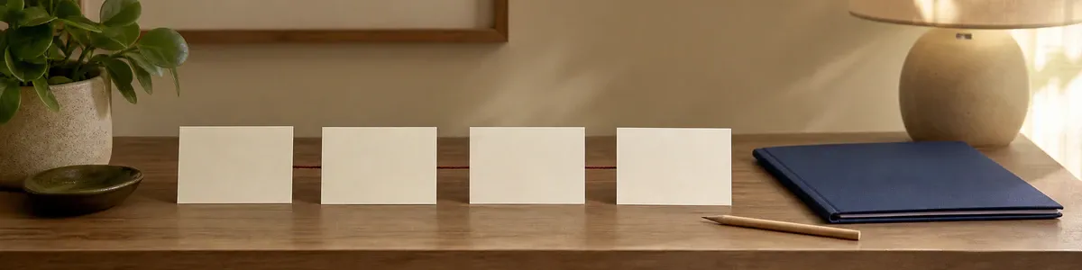 Four blank technique-selection cards connected by a plum thread beside a navy clinical folder in a warmly lit therapy office