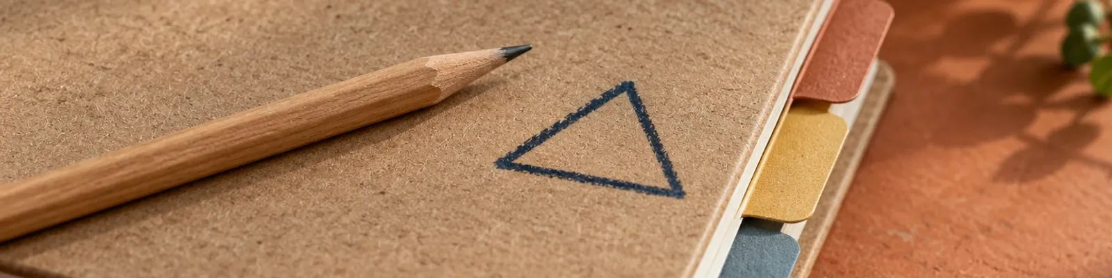 Close-up of a pencil and blank colored binder tabs beside a navy chalk triangle on a textured kraft cover.