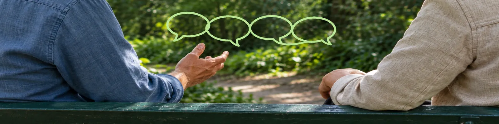 Two anonymous adults viewed from behind on a park bench, with four connected sage speech-bubble strokes between them.