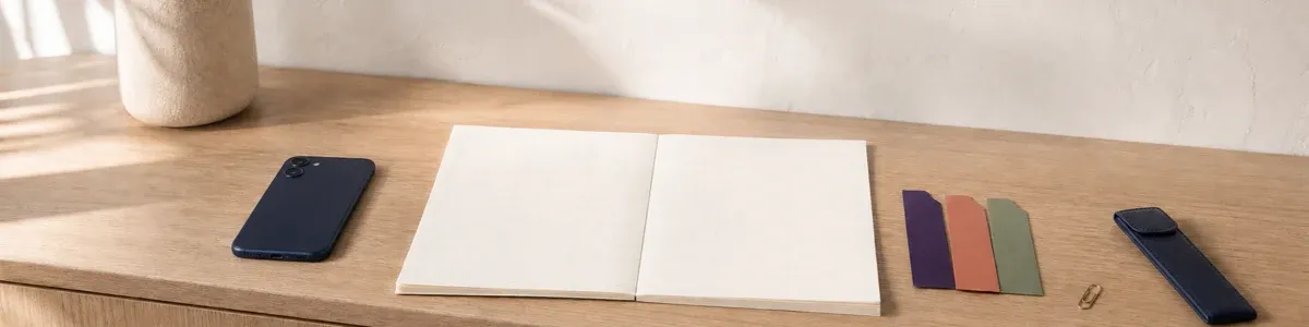 Blank open cream worksheet beside a face-down navy phone and unlabeled purple, terracotta, and sage tabs on a warm white-oak console