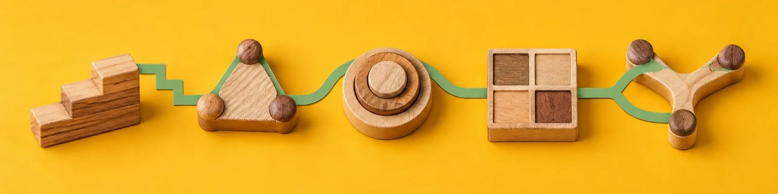 Five distinct wooden supervision model blocks on marigold, linked by one sage collage of contrasting model diagrams.