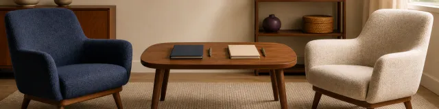 Two empty supervision chairs face a low table with closed notebooks and pens in a calm therapy office